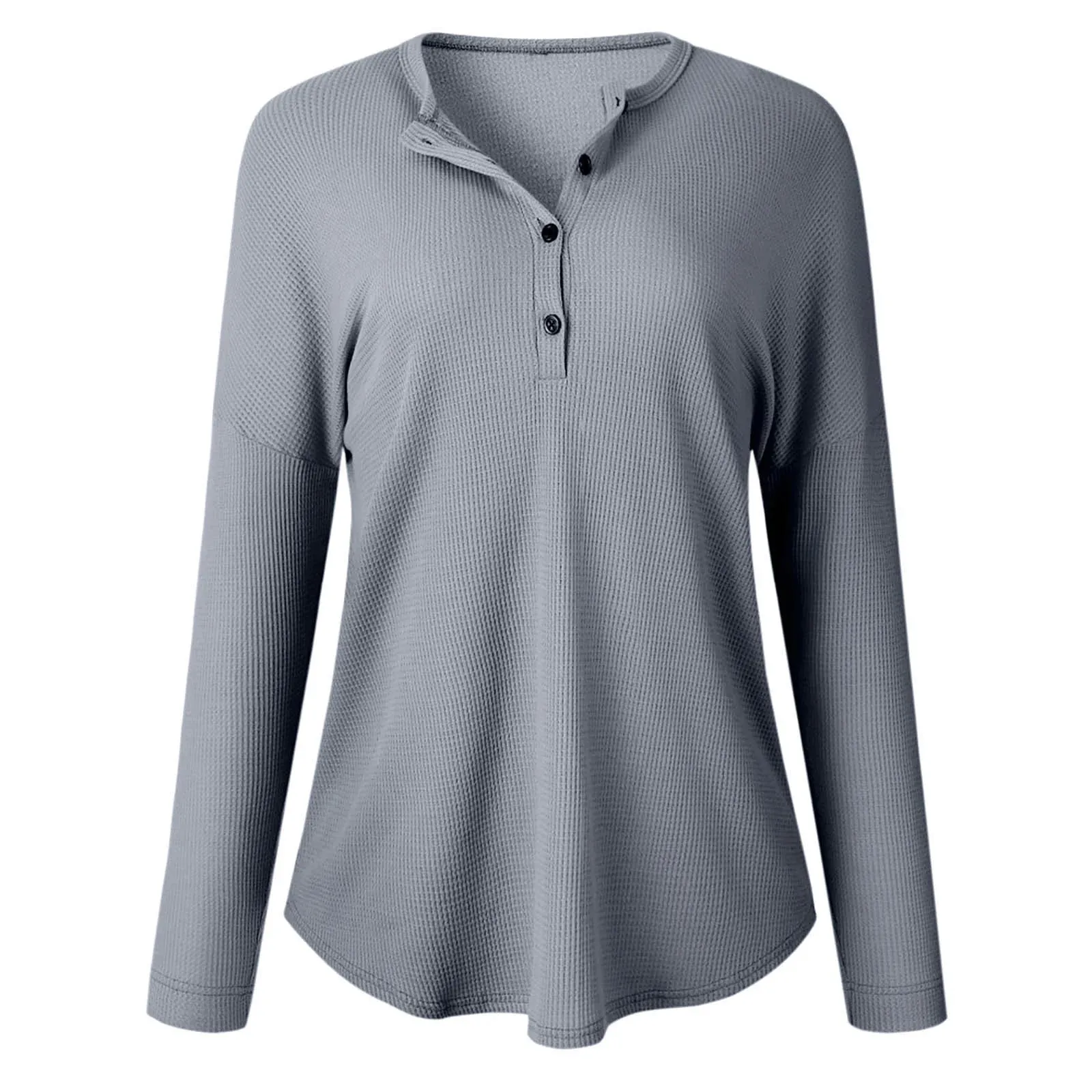 Womens Waffle Knit Tunic Top Long Sleeve V Neck Button up Casual Tops Ribbed Solid Color Henley T Shirts Blouse