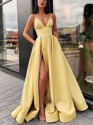 Yellow V neck Satin Long Prom Dress With Leg Slit,, Yellow Formal Evening Dress