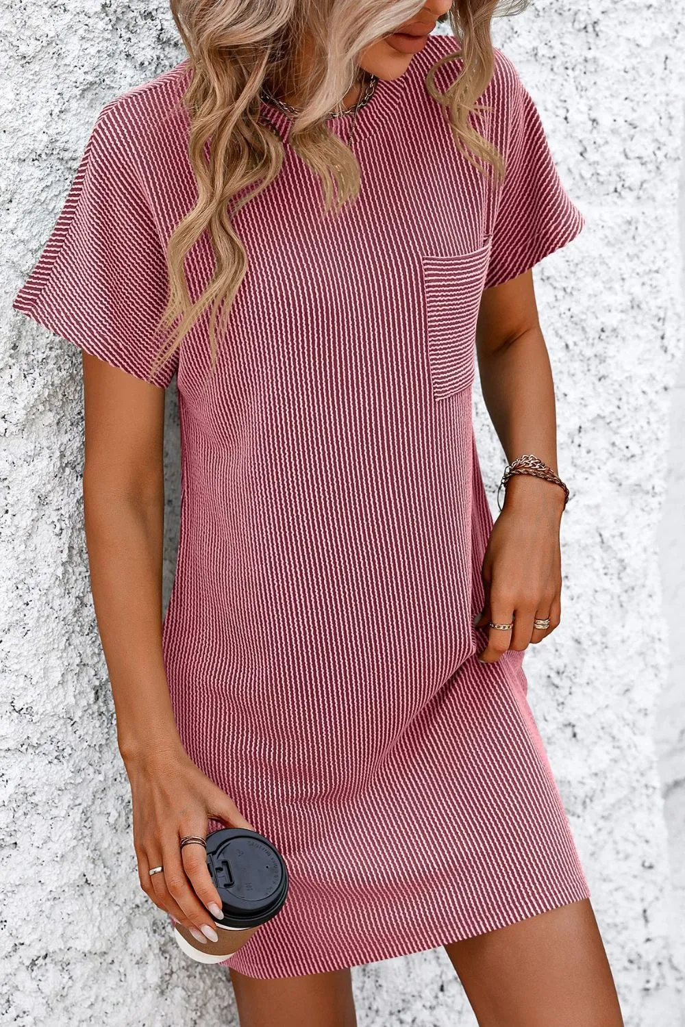 Zander Ribbed Striped Short Sleeve Mini Tee Dress