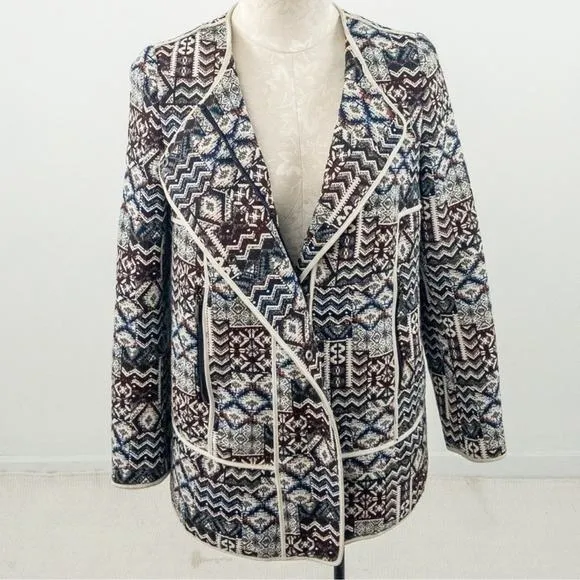 Zara Basic Patchwork Motorcycle Longline Blazer Jacket sz XS Tapestry Jacquard