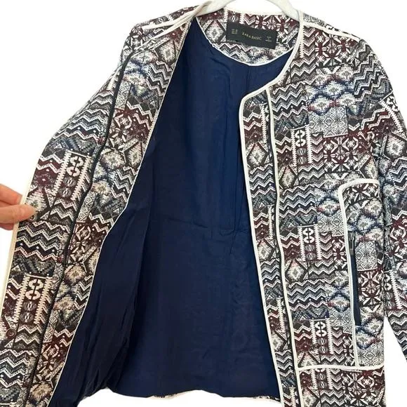 Zara Basic Patchwork Motorcycle Longline Blazer Jacket sz XS Tapestry Jacquard