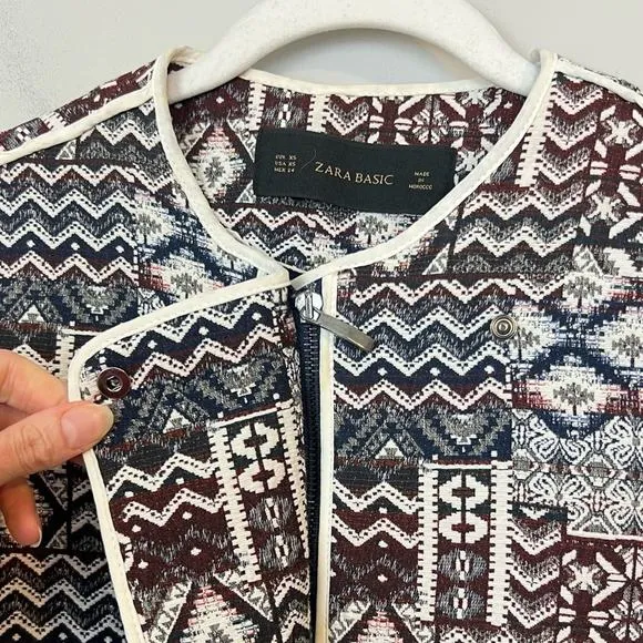 Zara Basic Patchwork Motorcycle Longline Blazer Jacket sz XS Tapestry Jacquard