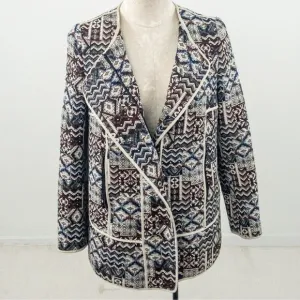 Zara Basic Patchwork Motorcycle Longline Blazer Jacket sz XS Tapestry Jacquard