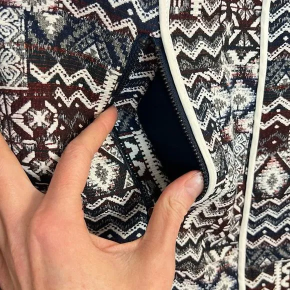 Zara Basic Patchwork Motorcycle Longline Blazer Jacket sz XS Tapestry Jacquard