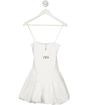 ZARA White Contrast Ribbed Poplin Puff Hem Mini Dress UK S