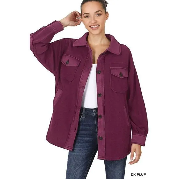 Zenana All About the Fleece Button-Down Shacket in Dark Plum S-L QJ-4000Y