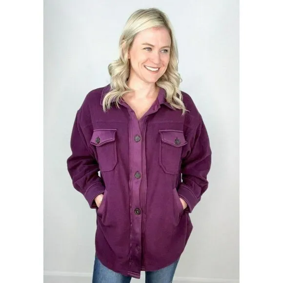 Zenana All About the Fleece Button-Down Shacket in Dark Plum S-L QJ-4000Y