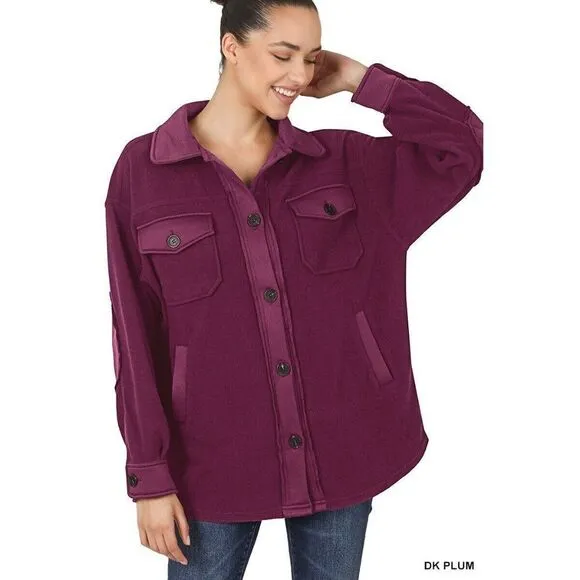 Zenana All About the Fleece Button-Down Shacket in Dark Plum S-L QJ-4000Y