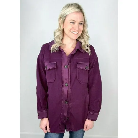 Zenana All About the Fleece Button-Down Shacket in Dark Plum S-L QJ-4000Y