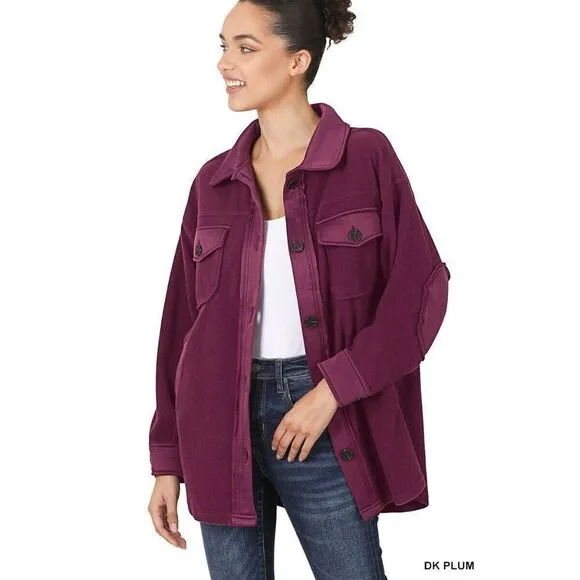 Zenana All About the Fleece Button-Down Shacket in Dark Plum S-L QJ-4000Y