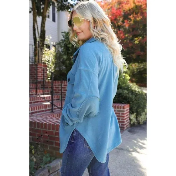 Zenana All About the Fleece Button-Down Shacket in Deep Sky S-L QJ-4003D4