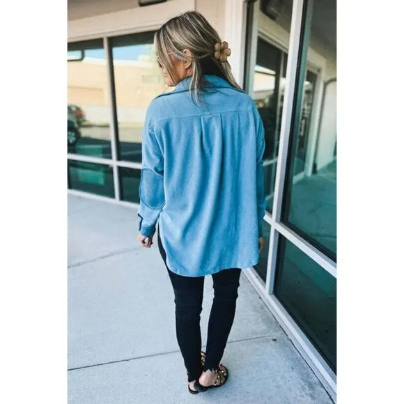 Zenana All About the Fleece Button-Down Shacket in Deep Sky S-L QJ-4003D4