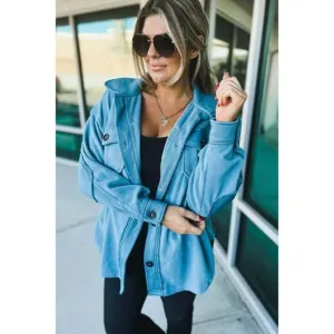 Zenana All About the Fleece Button-Down Shacket in Deep Sky S-L QJ-4003D4