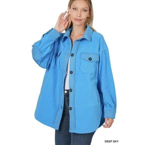 Zenana All About the Fleece Button-Down Shacket in Deep Sky S-L QJ-4003D4
