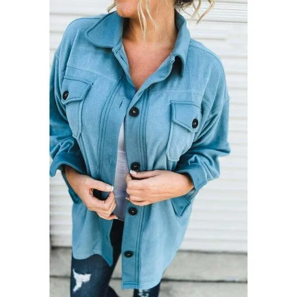 Zenana All About the Fleece Button-Down Shacket in Deep Sky S-L QJ-4003D4