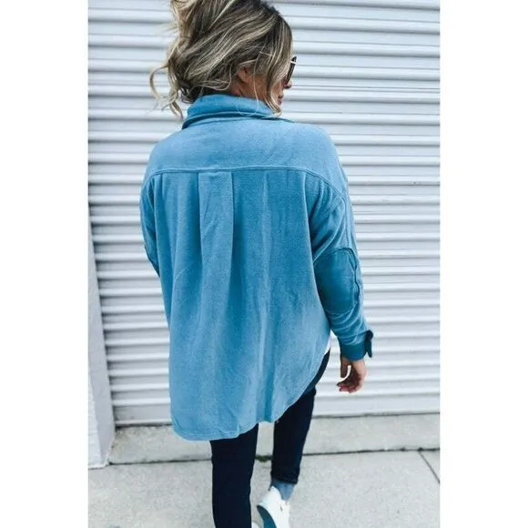 Zenana All About the Fleece Button-Down Shacket in Deep Sky S-L QJ-4003D4
