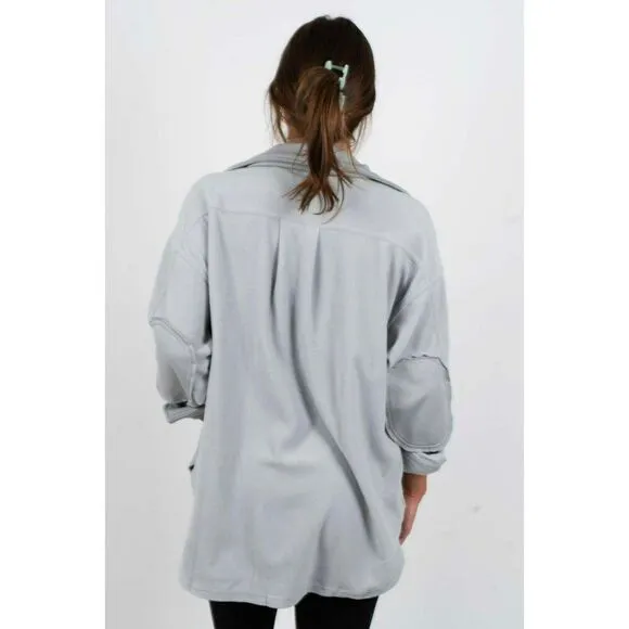 Zenana All About the Fleece Button-Down Shacket in Light Grey S-L QJ-4003D4