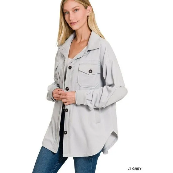 Zenana All About the Fleece Button-Down Shacket in Light Grey S-L QJ-4003D4