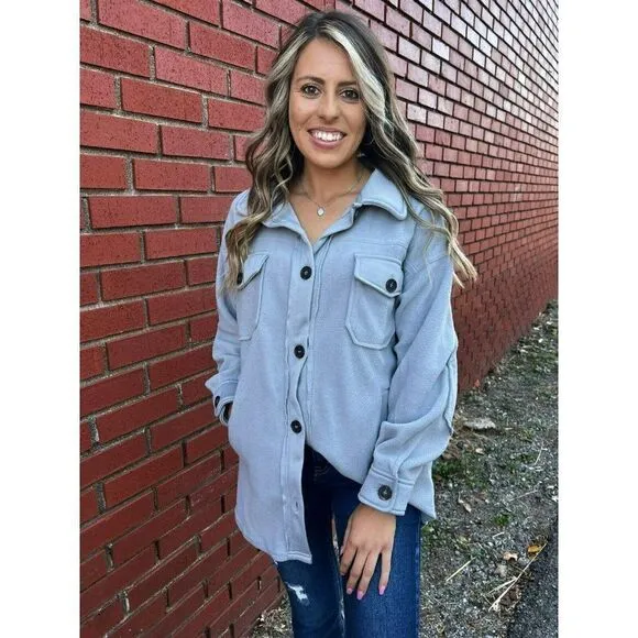 Zenana All About the Fleece Button-Down Shacket in Light Grey S-L QJ-4003D4