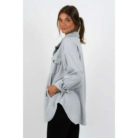 Zenana All About the Fleece Button-Down Shacket in Light Grey S-L QJ-4003D4
