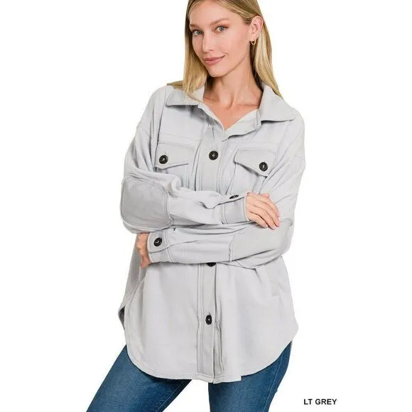 Zenana All About the Fleece Button-Down Shacket in Light Grey S-L QJ-4003D4