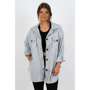 Zenana All About the Fleece Button-Down Shacket in Light Grey S-L QJ-4003D4