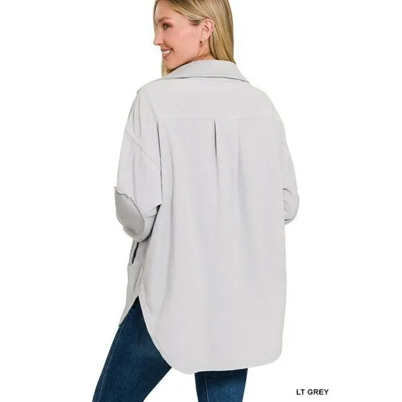Zenana All About the Fleece Button-Down Shacket in Light Grey S-L QJ-4003D4