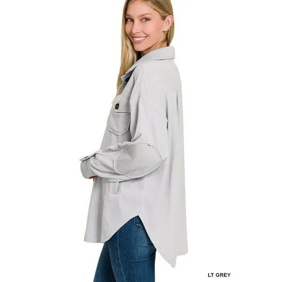 Zenana All About the Fleece Button-Down Shacket in Light Grey S-L QJ-4003D4