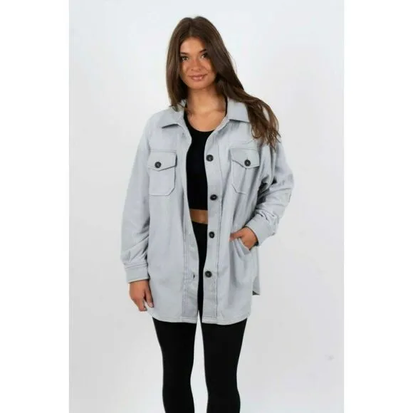 Zenana All About the Fleece Button-Down Shacket in Light Grey S-L QJ-4003D4