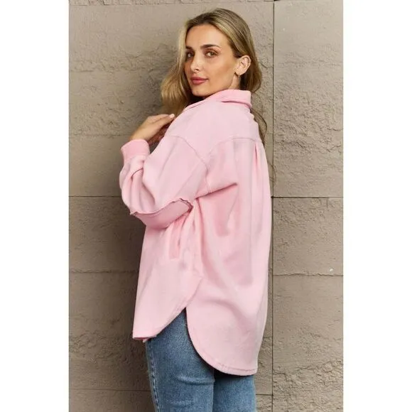Zenana All About the Fleece Button-Down Shacket in Dusty Pink S-L QJ-4003D4