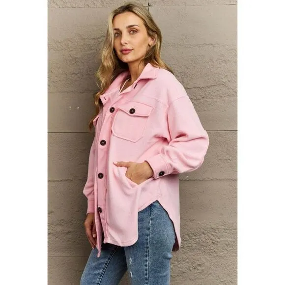 Zenana All About the Fleece Button-Down Shacket in Dusty Pink S-L QJ-4003D4
