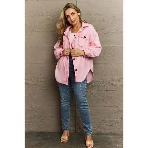 Zenana All About the Fleece Button-Down Shacket in Dusty Pink S-L QJ-4003D4