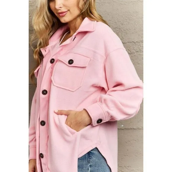 Zenana All About the Fleece Button-Down Shacket in Dusty Pink S-L QJ-4003D4