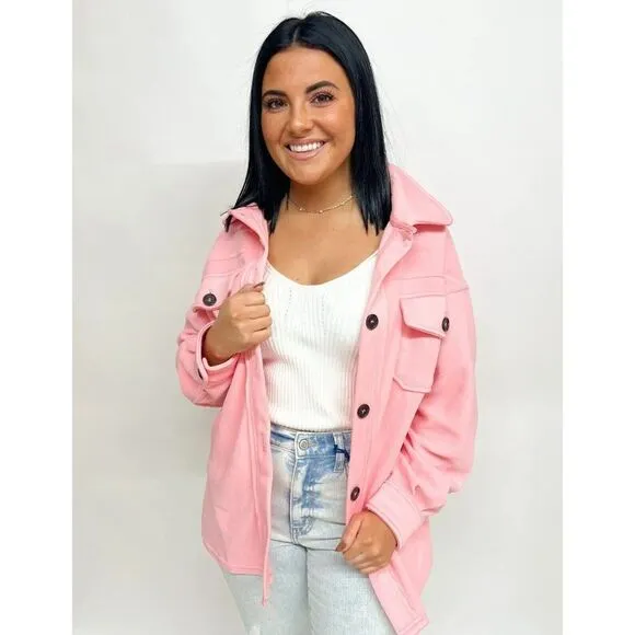 Zenana All About the Fleece Button-Down Shacket in Dusty Pink S-L QJ-4003D4