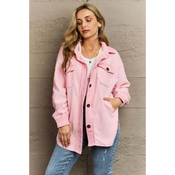 Zenana All About the Fleece Button-Down Shacket in Dusty Pink S-L QJ-4003D4