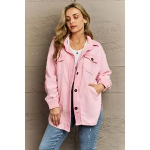 Zenana All About the Fleece Button-Down Shacket in Dusty Pink S-L QJ-4003D4