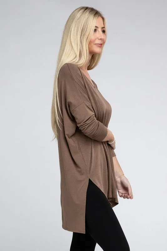 ZENANA Dolman Long Sleeve V-Neck Side Slit Hi-Low Hem Top