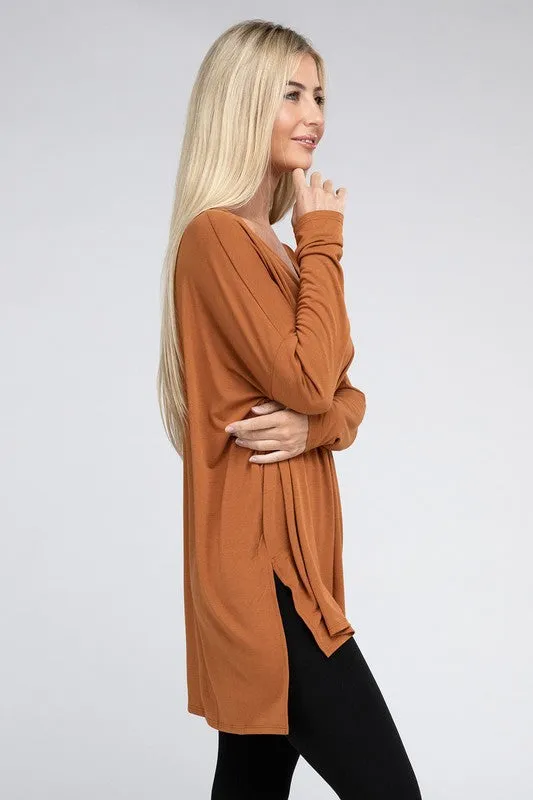 ZENANA Dolman Long Sleeve V-Neck Side Slit Hi-Low Hem Top