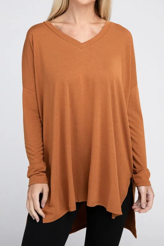ZENANA Dolman Long Sleeve V-Neck Side Slit Hi-Low Hem Top