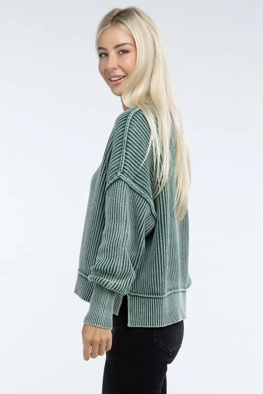 ZENANA Washed Side Slit Oversized Cropped Sweater