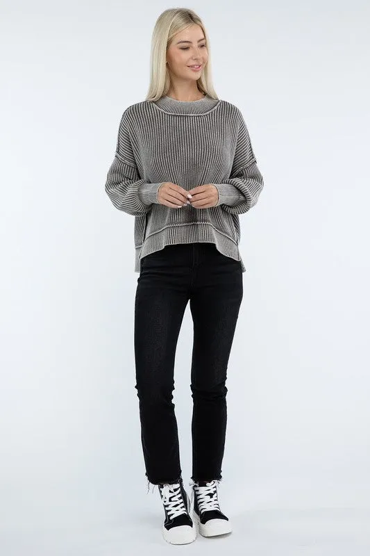 ZENANA Washed Side Slit Oversized Cropped Sweater