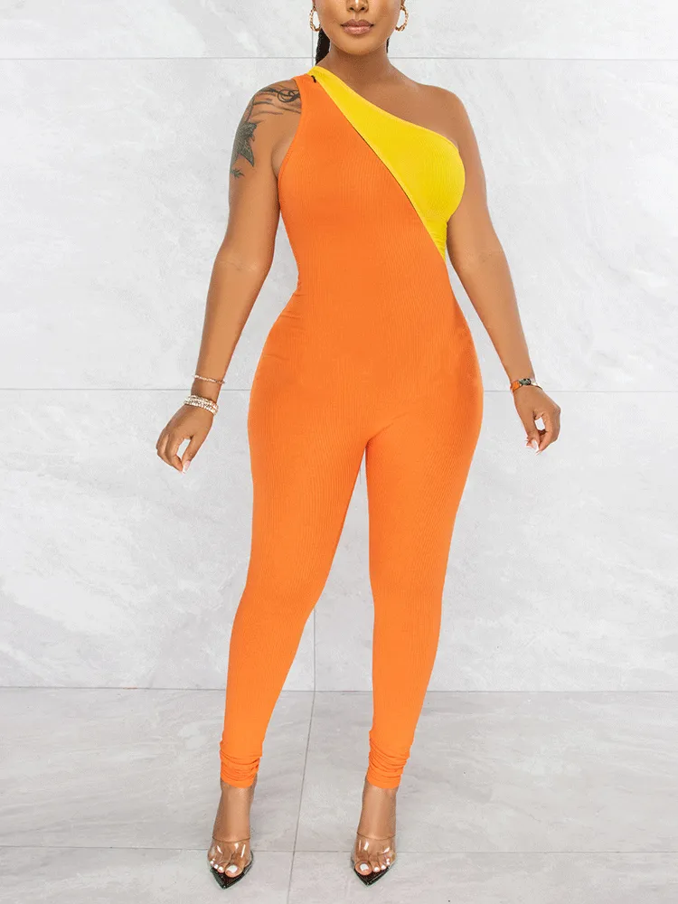 Zipper Patchwork Bodycon Ribbed Jumpsuit