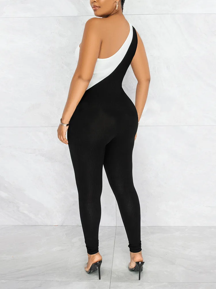 Zipper Patchwork Bodycon Ribbed Jumpsuit