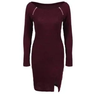Zippers Embellished Ribbed Pencil Casual Dress Winter - Deep Red Xl
