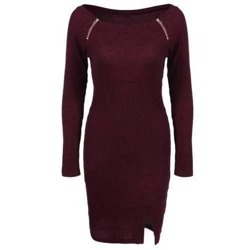 Zippers Embellished Ribbed Pencil Casual Dress Winter - Deep Red Xl